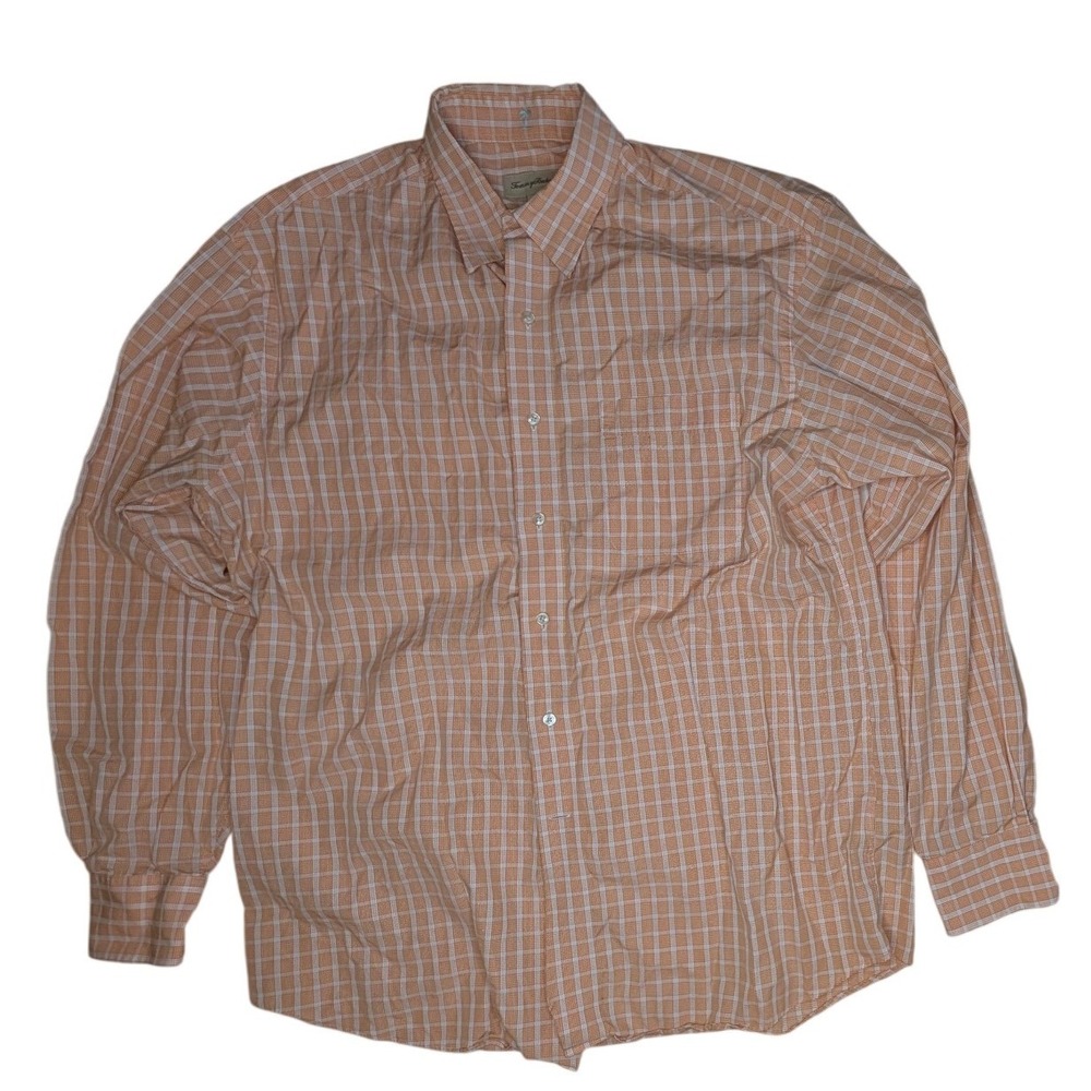 Tommy Bahama Mens Orange White Plaid Cotton Button Down Shirt Size 16 34-35
